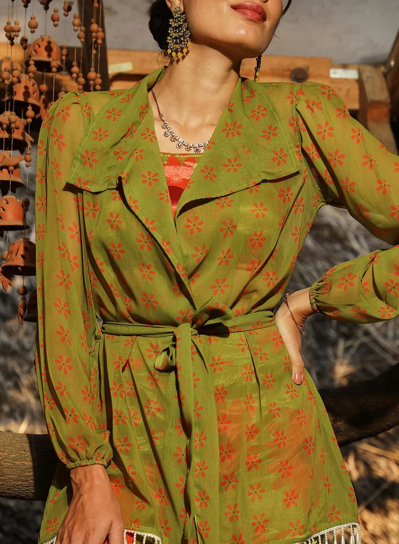 Qissa  Women's Avocado Green Flower Tie-Up Co-Ord Set For Casual Wear | Lapel Collar | Long Sleeve | 3 Piece Co-Ords Designed With Comfort Fit For Everyday Ethnic Wear for Women | Best Price UAE
